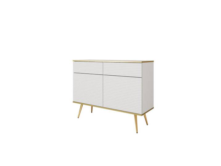 Ravio Kommode Forno (Weiß, Rillenfront, Goldene Details, 2 Türen, 2 Schubladen, goldene Metallfüße, 107 cm), Weiß, Goldfarben, Eiche, Rechteckig, 107x85x39 cm, Kleinmöbel, Kommoden, Sideboards