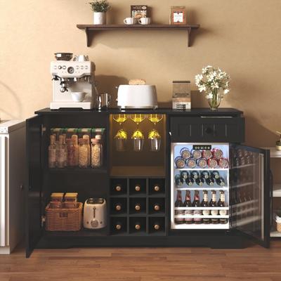 Bar Cabinet with Fridge Space(Fridge Not Included), Mid-Century Modern Bar Cabinet with 9 Wine Racks and 3 Glass Holders