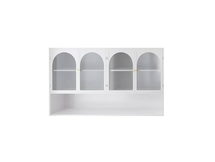 Switdo Wandschrank Grau Glas Weißer Rahmen 120CM Wohnküche Wand Vier-Tür-Galerieschrank mit Glasablage und Metallrahmen