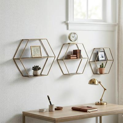 Sagebrook Home "Metal Hexagon Folding Wall Shelf Set - Black, 21/24/26"""