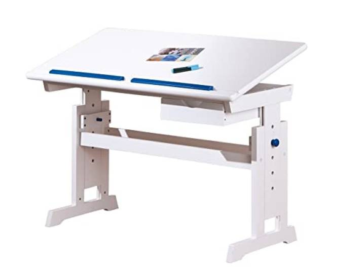 Inter Link - Bureau réglable en hauteur - Bureau enfant - Bureau élève - Inclinaison - Support livre - Bois massif laqué blanc - Applications rose et bleu - Baru