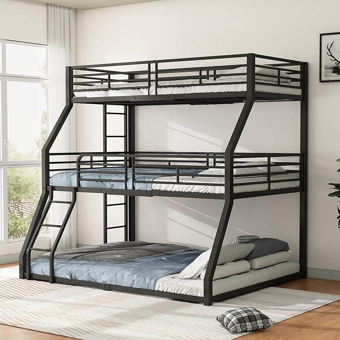 Etagenbett, 90x200 cm, 120 x 200cm und 140 x 200cm, Metallbettgestell, Eisenbett, Dreifach-Etagenbett, für Kinder, Jugendliche und Erwachsene, Ohne Matratze, Weiß (Schwarz)