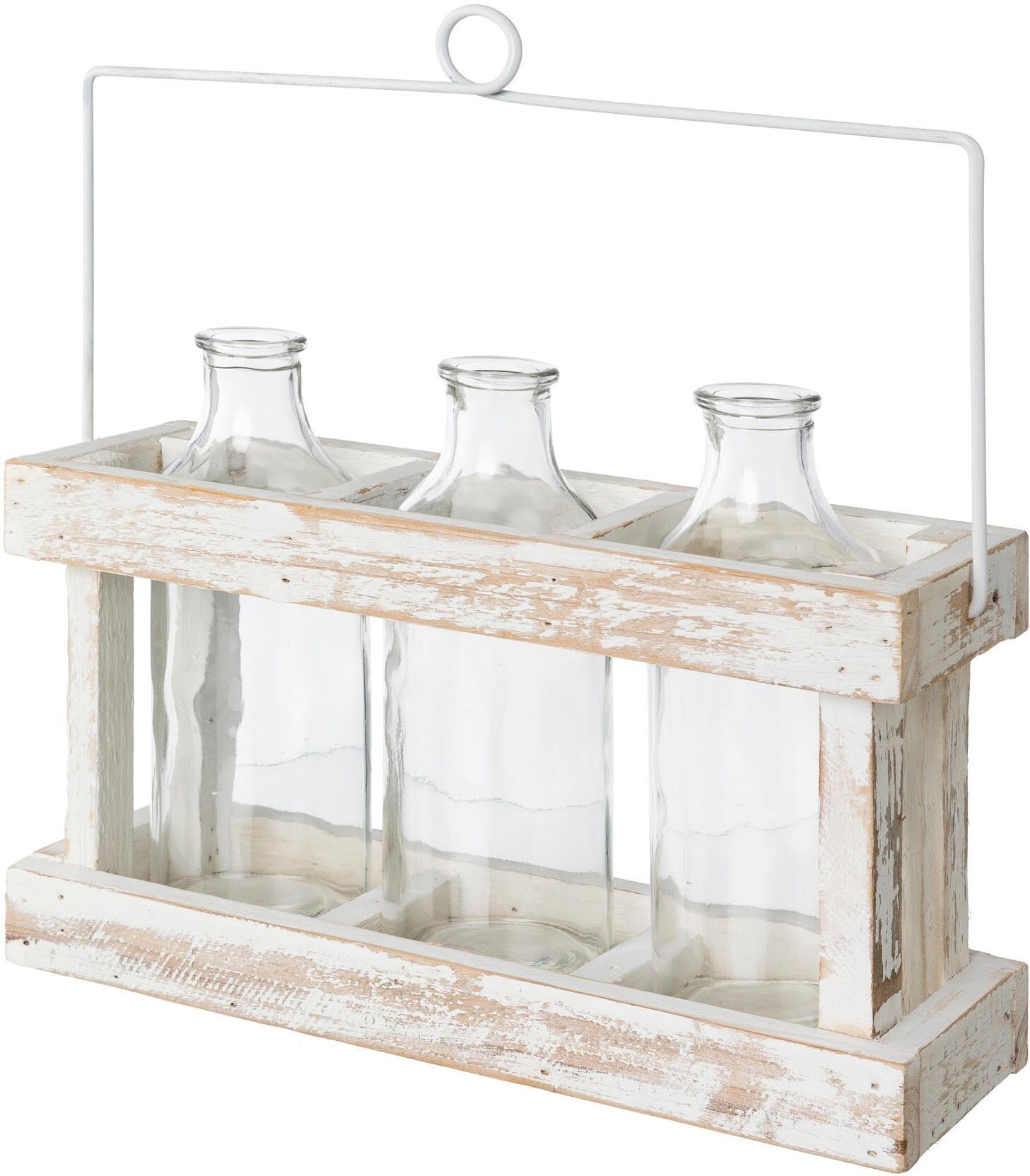 Dekovase CREATIV HOME "Holzbox mit 3 Glasflaschen", transparent (weiß), B:29cm H:20cm T:10cm, Massivholz, Vasen, Dekovase, mit dekorativem Henkel weiß B/H/T: 29cm x 20cm x 10cm