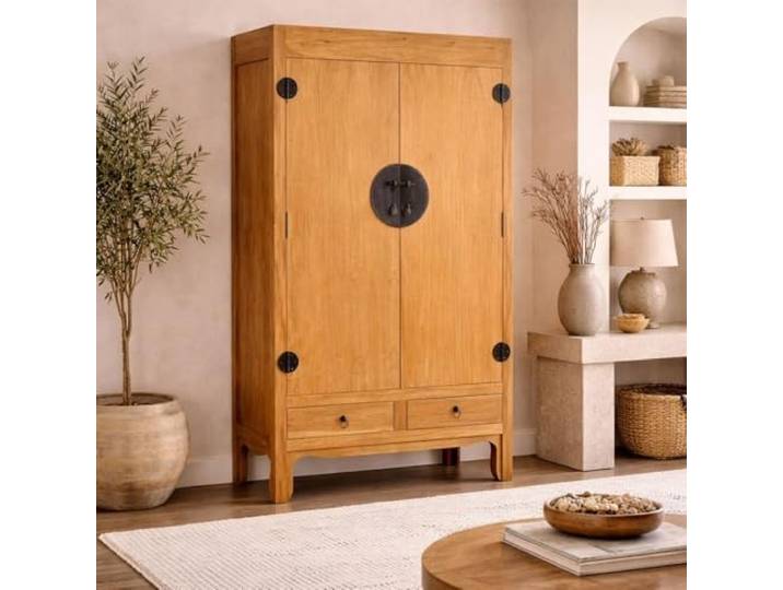 LEBENSwohnART Asia Hochzeitsschrank Natural 105x175x45cm China Kleiderschrank aus Mahagoni