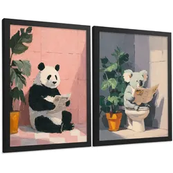 POSTER 2er-Set dekorative Badezimmer-Kunstdrucke und lustige für Wand, Toilette mit lesenden Tieren im Badezimmer, Stil Schwarzer Rahmen A4