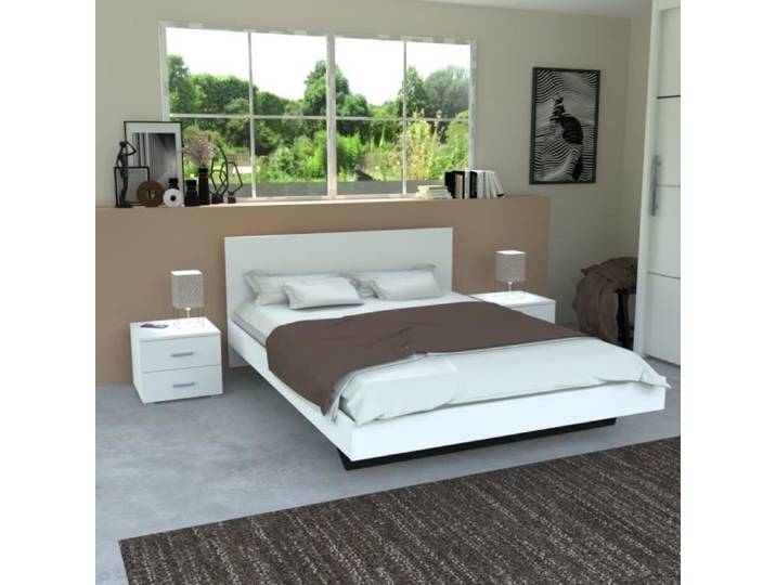 Lit LOFT 140x190 + 2 chevets + sommier + tête de lit / Blanc