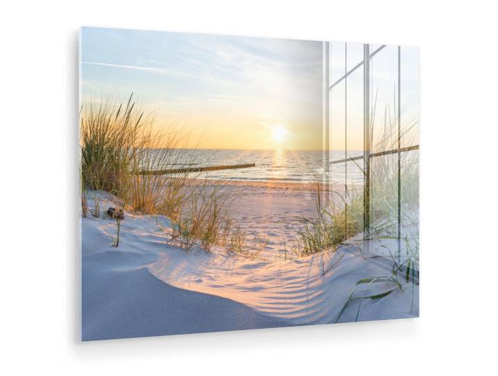 MuchoWow Acrylglasbild Strand - Sonne - Düne - Gras - Sand - Horizont 80x60 cm, Hellblau, Glas, Rechteckig, 80x60 cm, Bilder & Rahmen, Bilder, Acrylglasbilder