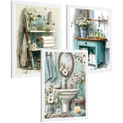 POSTER Set 3 dekorative Badezimmer-Poster im Cottage-Stil für Wand, Waschbecken, Dusche, florale Dekoration mit Badezimmermöbeln Weißer Rahmen A4
