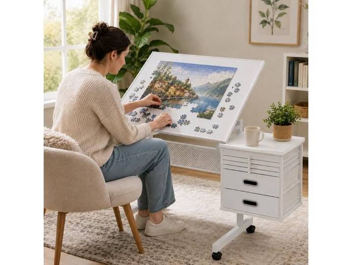 Table de puzzle inclinable AESVAR 1500 pièces 4 plateaux en feutre 2 tiroirs roulettes blanc