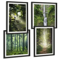 BILDER SET 4er Set - 50x50 cm & 40x60 cm Schwarzer Rahmen - Grüne Wälder, Lichtstrahlen