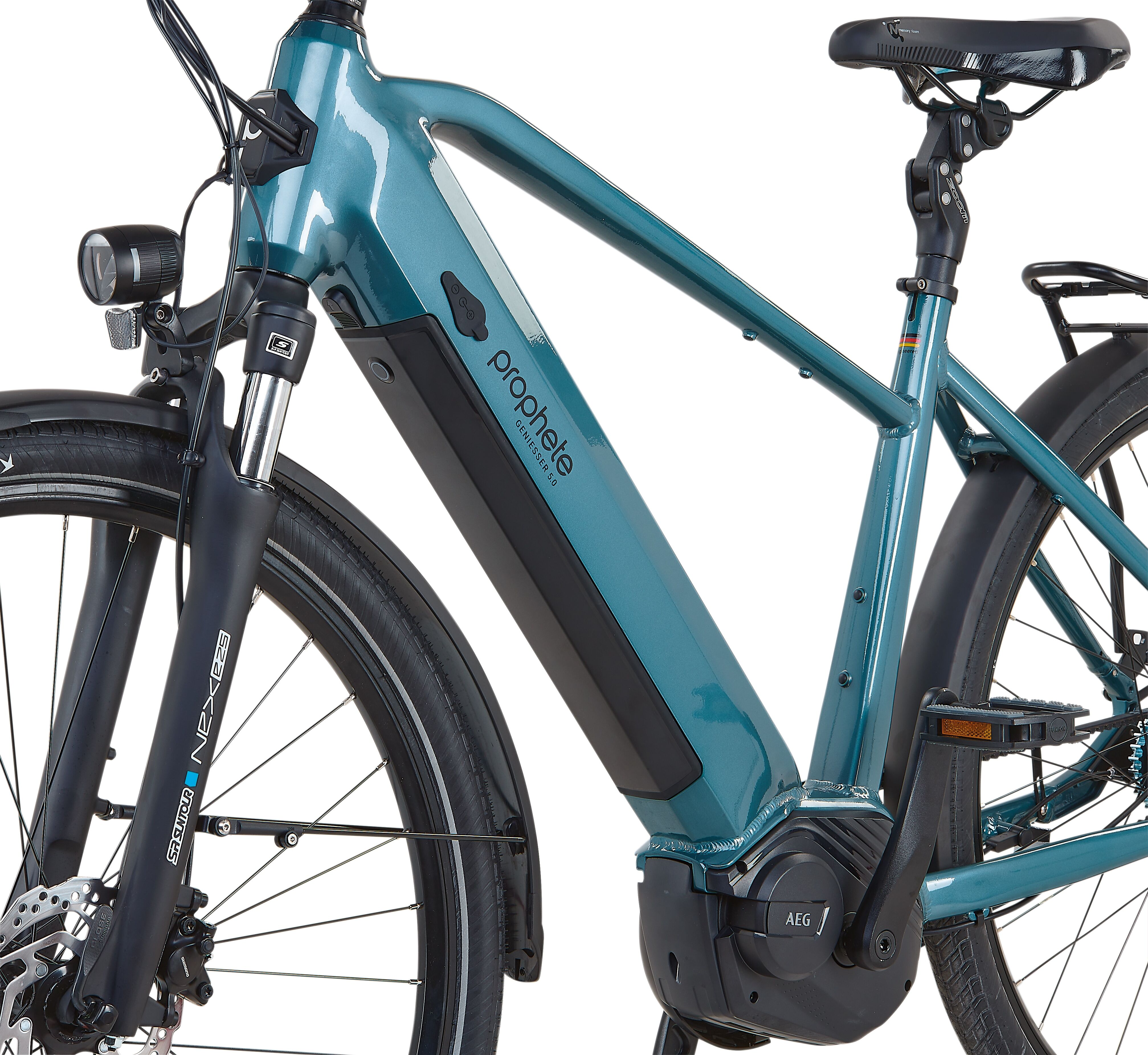 E-Bike PROPHETE "Geniesser 5.0 mit Gates Riemenantrieb" Gr. 52, blau (blau, schwarz), Elektrofahrräder, Herren, 50cm, 28 Zoll (71,12cm), E-Bike, Suntour Parallelogramm Federsattelstütze