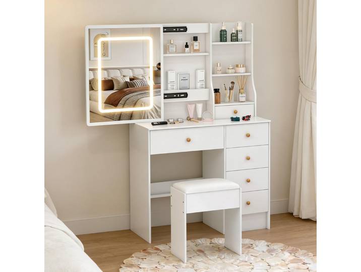 Ensemble de coiffeuse moderne Teousev blanc avec grand miroir LED à commande tactile, 5 tiroirs et tabouret, 3 compartiments ouverts, bureau de coiffeuse