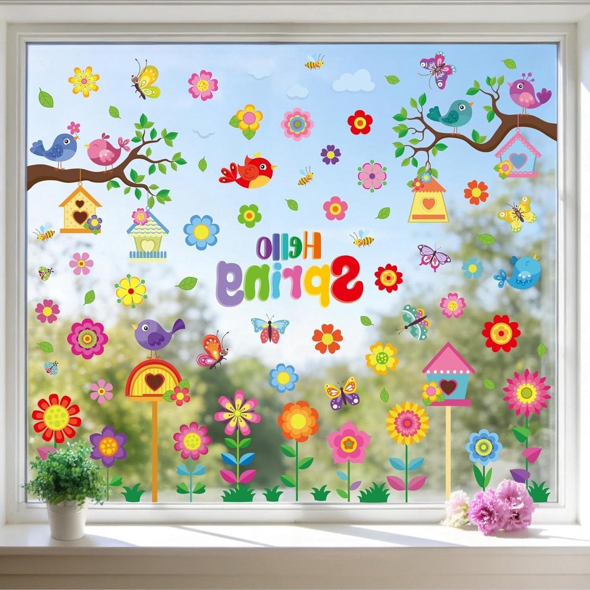 9 vellen Raamstickers Lente met Bloemen en Dubbelzijdig Ontwerp - Multicolor