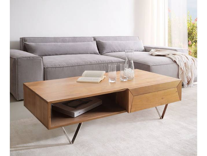 Table basse Kayu 115x60 cm acacia naturel 2 tiroirs pied en V