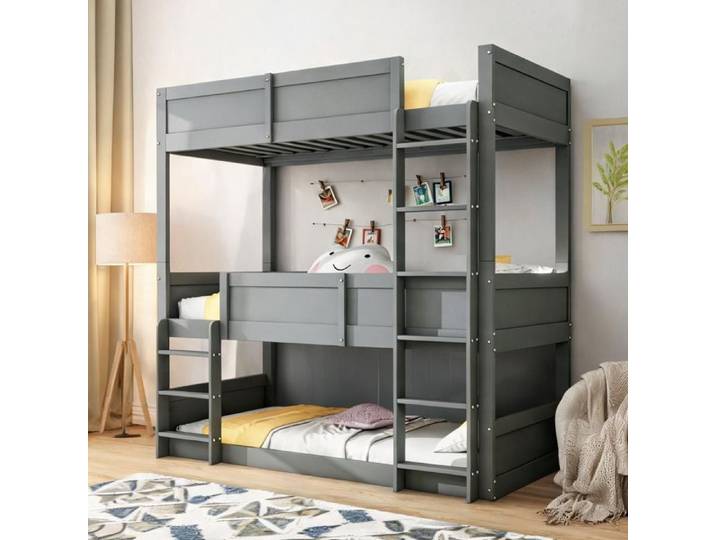 Lit enfant triple 90x200 cm bois massif et barrière haute finition gris froid pour chambre partagée