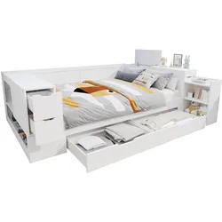 Multifunktionales Stauraumbett 140x200 cm mit Schubladen und Nachttischen – ideal für Kinderzimmer und Räume in Weiß