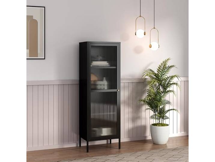 [en.casa] Vitrinenschrank Säkylä 150x50x35 cm mit 1 Tür Schwarz Bücherschrank, 4 Ablagen, Küchenschrank, geriffeltes Glas, Mehrzweckschrank, Vitrine, Metall, für Wohnzimmer, Esszimmer