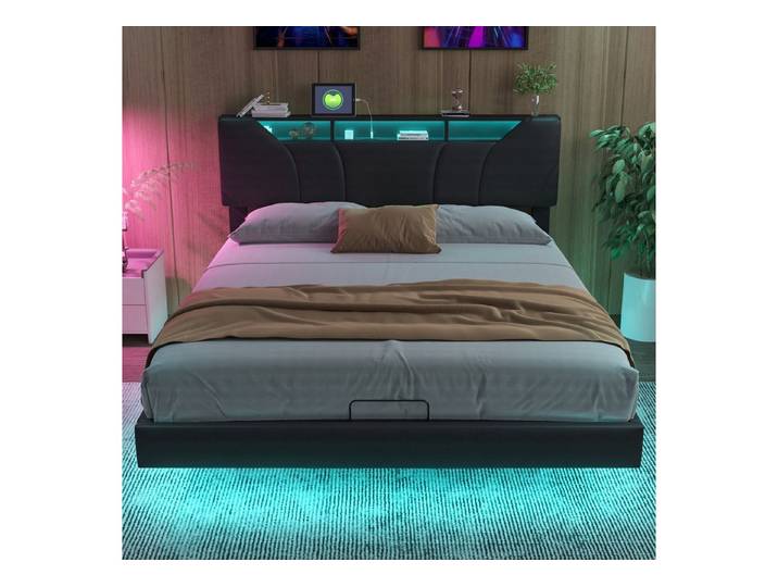 NMCXXO Polsterbett Doppelbett mit LED Licht 140x200cm,Hydraulisch anhebbarer Stauraumbett, Modernes Jugendbett, Leises Design Bett, Max. Belastbarkeit 350 kg