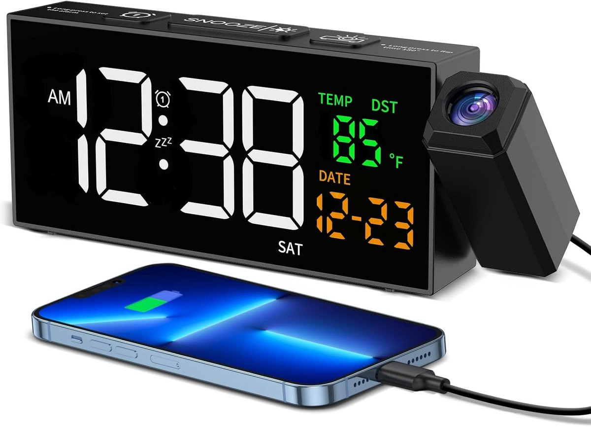 SnelShoppen Projectiewekker met 350° Draaibare Projector, Temperatuurweergave en USB-oplader