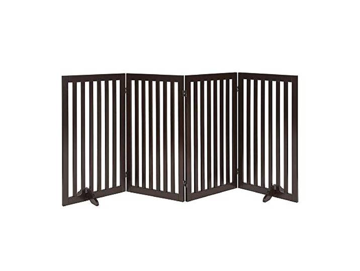 unipaws Freistehendes Absperrgitter Hund, Treppenschutzgitter ohne Bohren, Holz Kindergitter Klappbar，Türgitter Hunde Kaminschutzgitter mit Füßen, Dunkelbraun (4 Elemente, 91 cm Hoch)