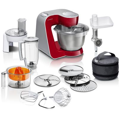 BOSCH Küchenmaschine "Serie 4 MUM56740, Durchlaufschnitzler/Mixer/Fleischw./Zitr.presse, rot", rot (deep rot), B:28cm H:28,2cm T:27,1cm, Küchenmaschinen, Schüssel 3,9l Edelstahl, spülm.fest, 4 Scheiben, 3 Rührwerkzeuge, Küchenmaschine
