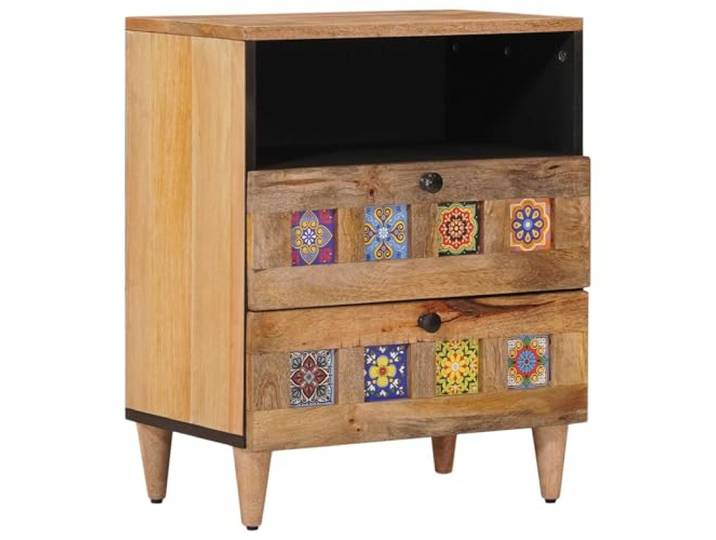 KUTYWEXFM Nachttisch Massivholz Mango 2 Schubladen Natur 50x33x62 cm Stilvoller Beistelltisch aus Echtholz fürs Schlafzimmer mit reichlich Ablagefläche und elegantem Holzdesign.