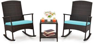 Costway 3 Piece Patio Rocking Set Wicker Rocking Chairs with 2-Tier Coffee Table-Turquoise