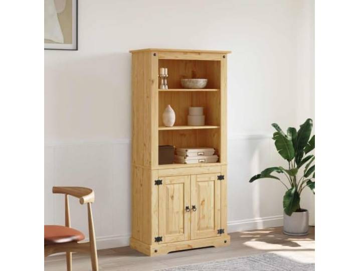 KGHFDVB Buffetschrank Mexiko-Stil Kiefernholz 80x40x170 cm Massiv Kiefer, gewachst, Metall Details Schwarz, 3 Regalfächer, 2 Einlegeböden, Wohnzimmer, Esszimmer