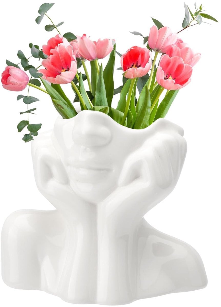 Omgoods Keramische Vaas met Gezicht - Esthetische Bloempot voor Tafeldecoratie - 19 x 9 cm