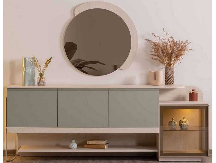 Xlmoebel Nachtkommode Beiges Sideboard mit modernem Spiegel und Holzdetails (mit Spiegel), Made in Europa