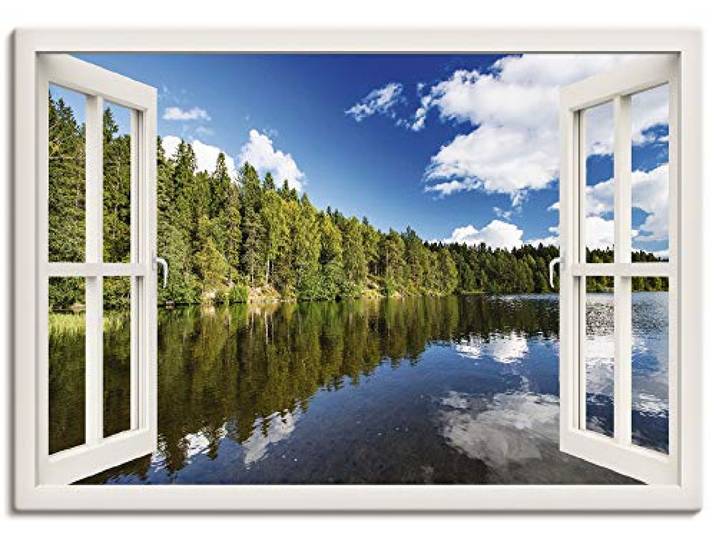 ARTLAND Wanddeko Leinwand Bilder Wandbild 100x70 cm Fensterblick Wald See Landschaft Norwegen Natur Landhaus T1DY