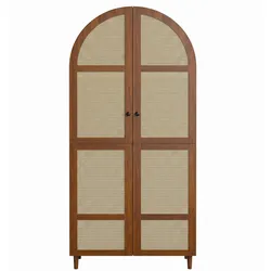 KLEIDERSCHRANK Nussbaum Rattan Gebogene Türen Kleiderstange & Schublade