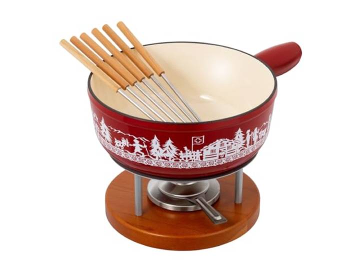 Kuhn Rikon 32276 Käsefondue Set Alpweide Gusseisen Induktion - 24 cm, 3.2 L für 4-6 Personen, mit Rechaud, mit Pastenbrenner, mit 6 Gabeln