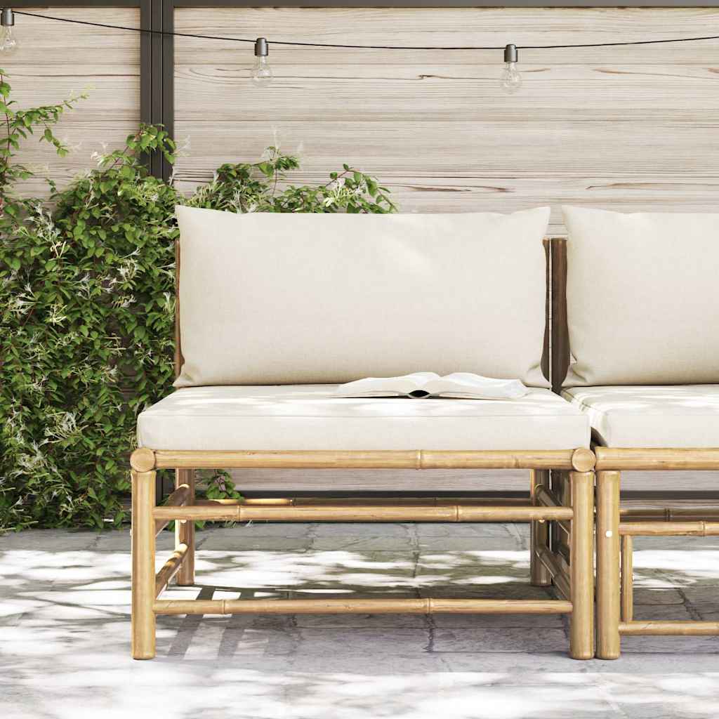 vidaXL Sofá central para jardín bambú con cojines blanco crema Blanco