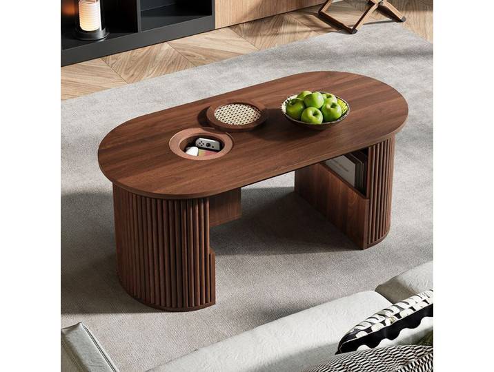 Table basse - PAGE LIVING - 105x50x46 5 cm - Noyer - MDF - Plateau ovale texturé