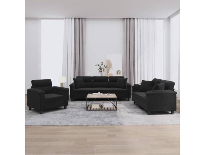 HEFZGDB 3-TLG. Sofagarnitur mit Kissen Schwarz Mikrofasergewebe Langlebig Robustes Gestell Bequemes Sitzerlebnis Praktische Couchkissen Fleckenunempfindlich Einfache Reinigung