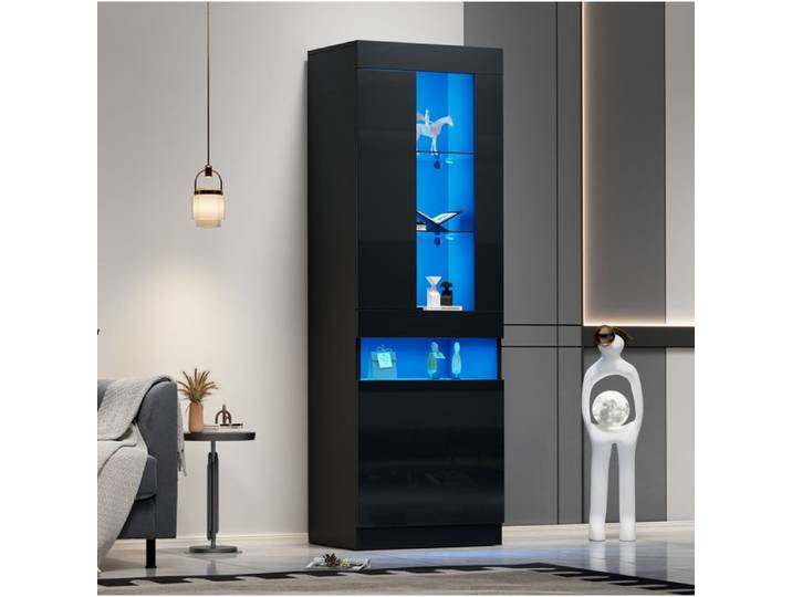 Vitrine LED moderne 50 x 40 x 180 cm - LPOSPI - finition brillante panneaux de particules noir