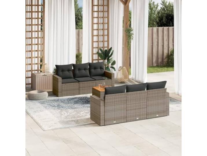 KTHLBRH Gartenmöbel-Set 7-teilig mit grauen Kissen aus Polyrattan Akazien-Sessel und Couchtisch, waschbare Kissen, modulares Design, für Terrasse und Terrasse