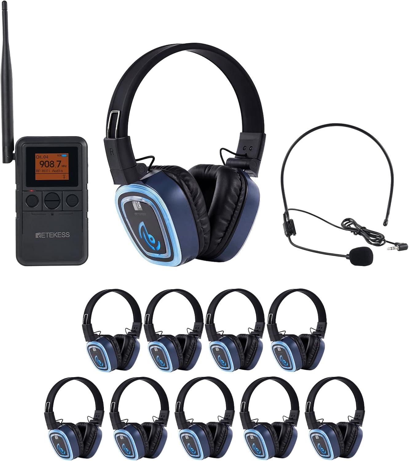 Retekess TA003P-TA004S Silent-Disco-Kopfhörersystem, Freihändig, Hi-Fi-Audioqualität, 3-Kanal-LED, 12H, Sitzfest, Bass-Anhebung,für Fitness Yoga Party