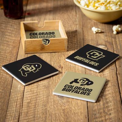 Evergreen University of Colorado 4-Piece Ceramic Coasters Set with Wood Caddy