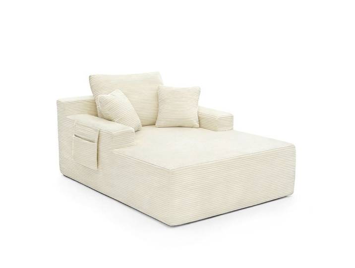 SENVIRO canape fixe 1 place meridienne 150 x 110 x 70 cm velours cotele beige poches laterales livre monte