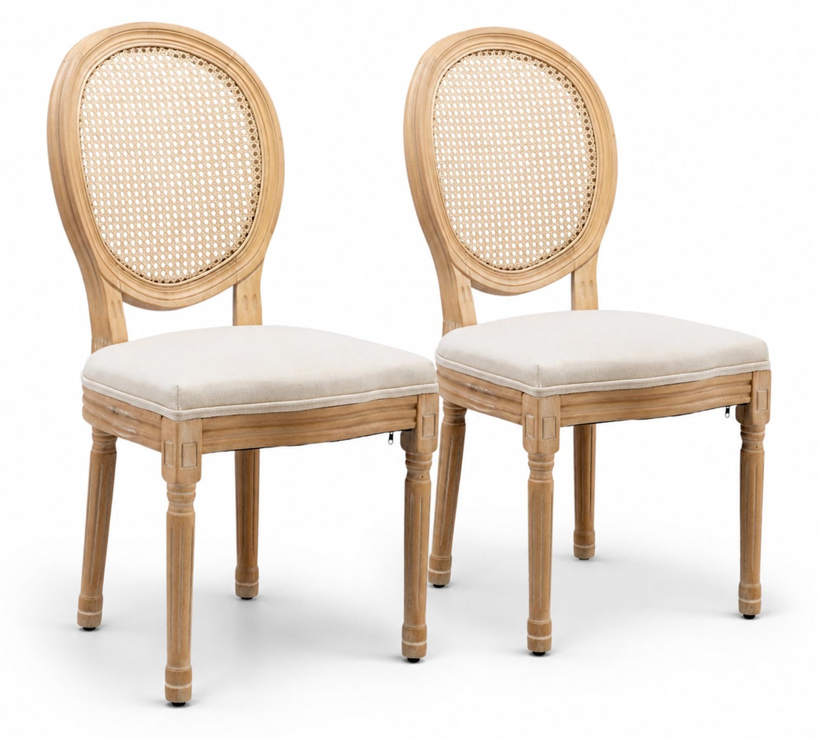 Set van 2 Franse stijl eetkamerstoelen met rotanrugleuning en beige linnen bekleding