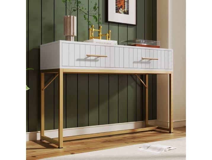 Coiffeuse Blanc Chic Table de Maquillage avec 2 Tiroirs Vanité Minimaliste Pieds et Poignées Dorés Bureau Chambre 100x45x75cm