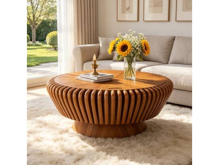 RYDZCLH Runder Couchtisch Mit Stauraum,90Cm, Runder Couchtisch Mit Rillenstruktur,Wohnzimmertisch Im Mid-Century-Modern-Stil Für Wohnzimmer & Apartments (Brown 90cm)