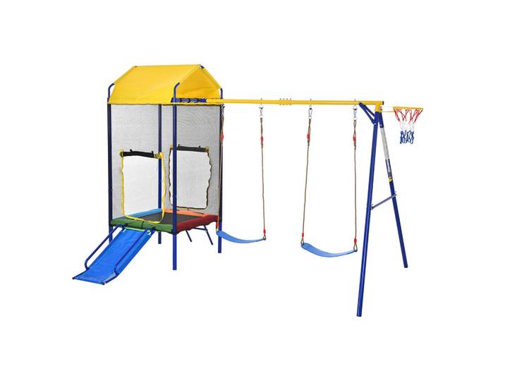 Schaukelgestell Outdoor Kinderschaukel-Set mit Trampolin, Blau, Metall, 217x198 cm, Freizeit & Co, Gartenspielzeug