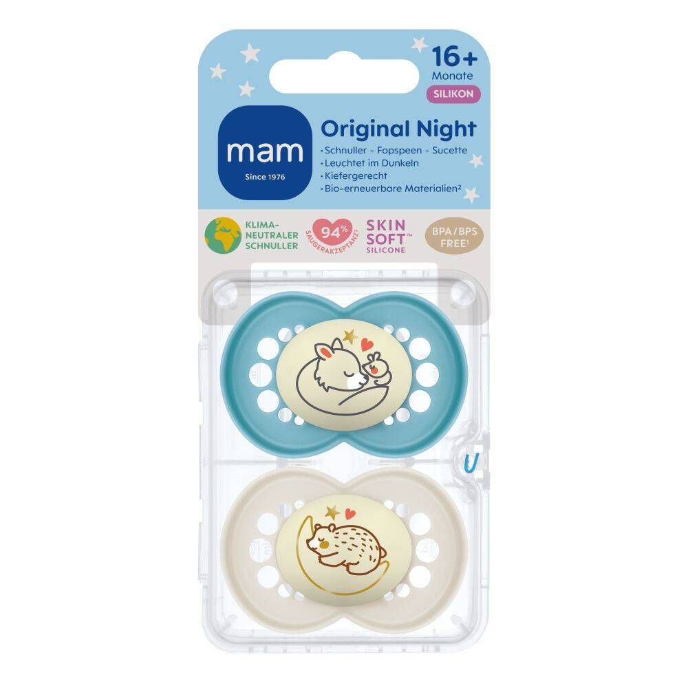 MAM Original Night Fopspeen Silicone Blue 16m+ 2 St Schnuller