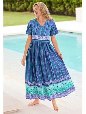 Plus Size Women's Long Crinkle Cotton Lounger by Only Necessities in Blue Violet Geo (Size 2X)