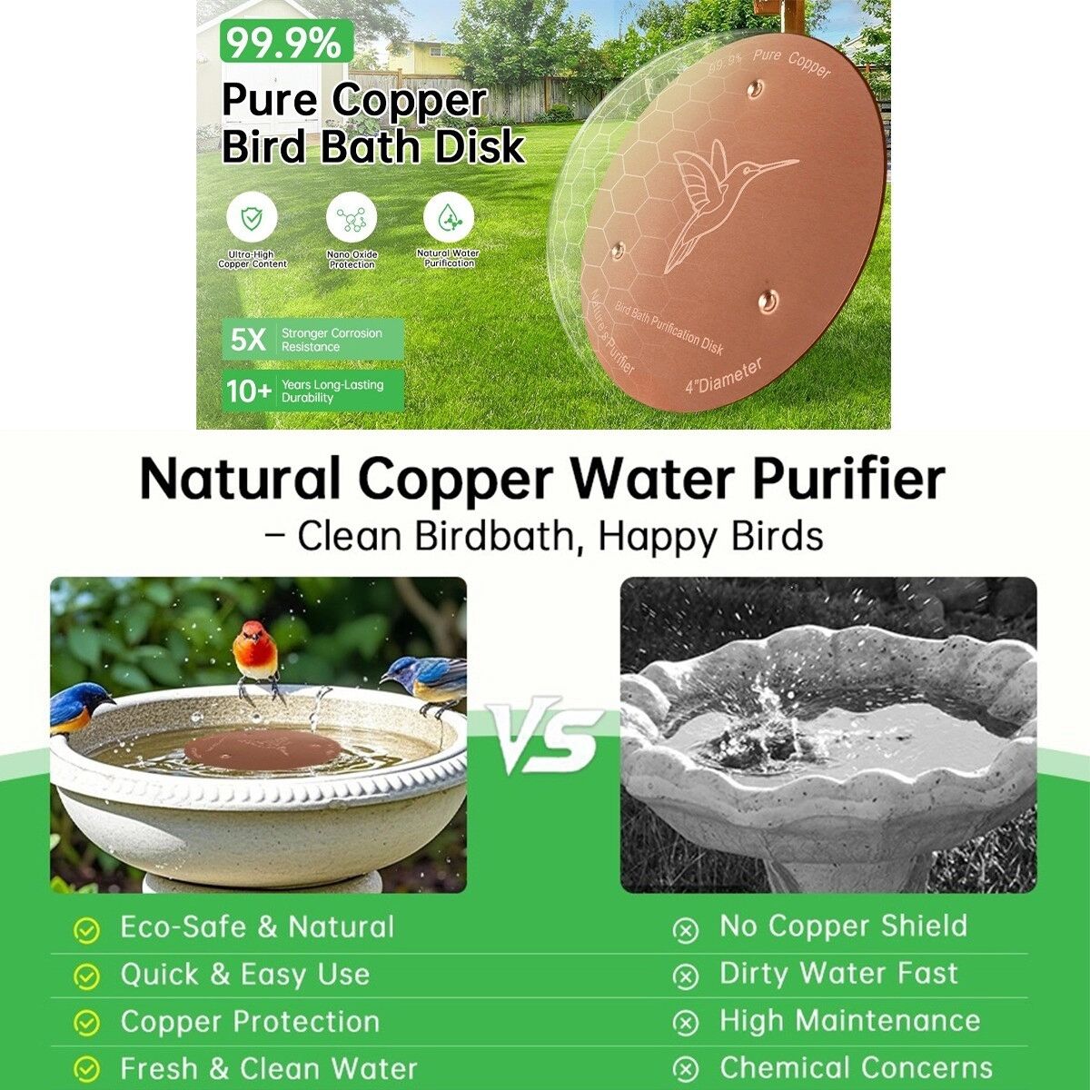 INF Vogelbad Kupfer-Scheibe Reiniger   99.99% 0.6mm Roségold Kupfer, hält Wasser bis zu 14 Tage klar