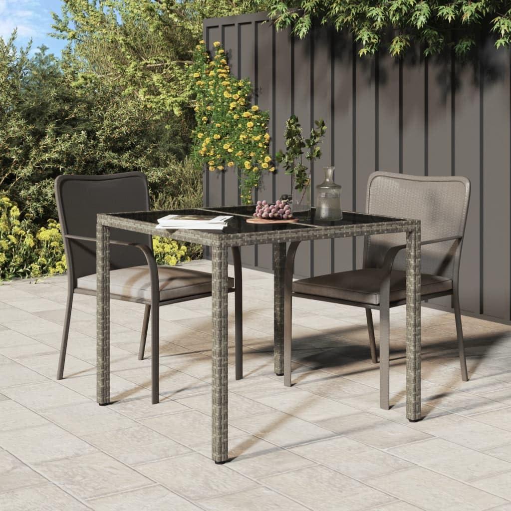 Gartentisch für den Außenbereich, 90 x 90 x 75 cm, gehärtetes Glas und Polyrattan, grau
