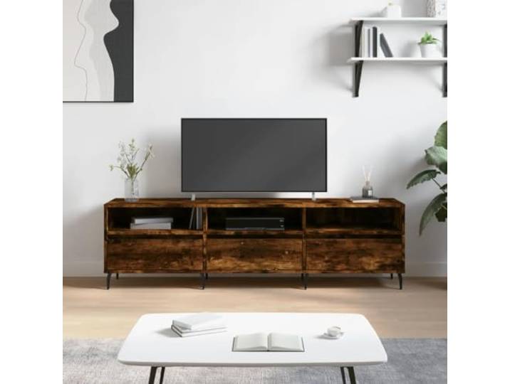 HEFZGDB TV-Schrank Räuchereiche 150x30x44,5 cm Holzwerkstoff mit 6 Fächern, Stauraum Möbel, Eisenbeine, robuste Tischplatte, Wohnzimmer Sideboard, TV-Möbel, Holzwerkstoff Schrank